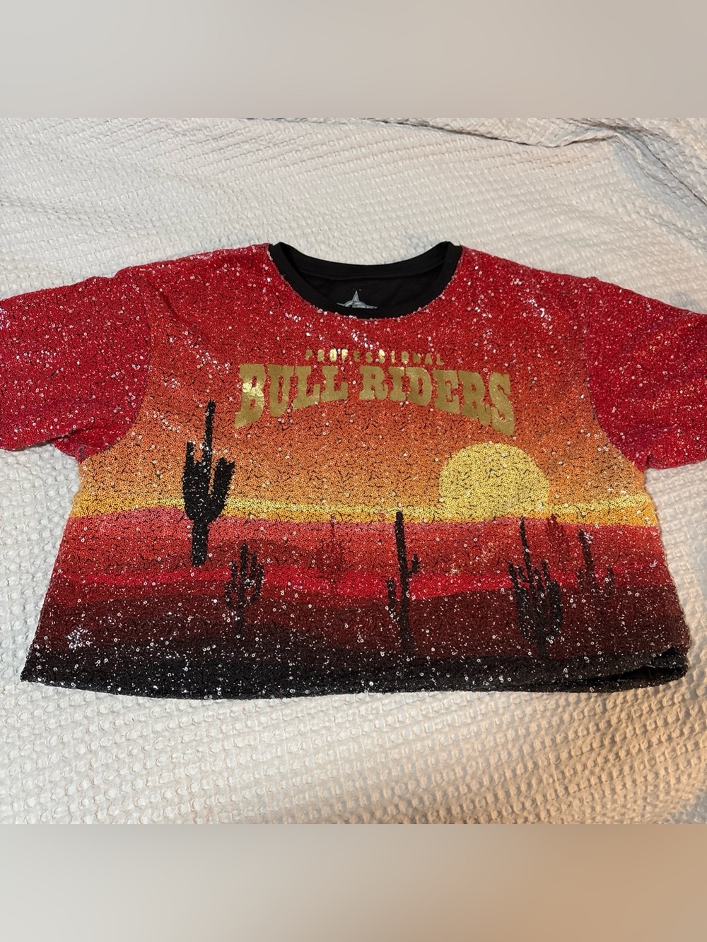 PBR Ladies Sequin Crop Shirt XL Desert Western Rodeo Professional Bull Riders